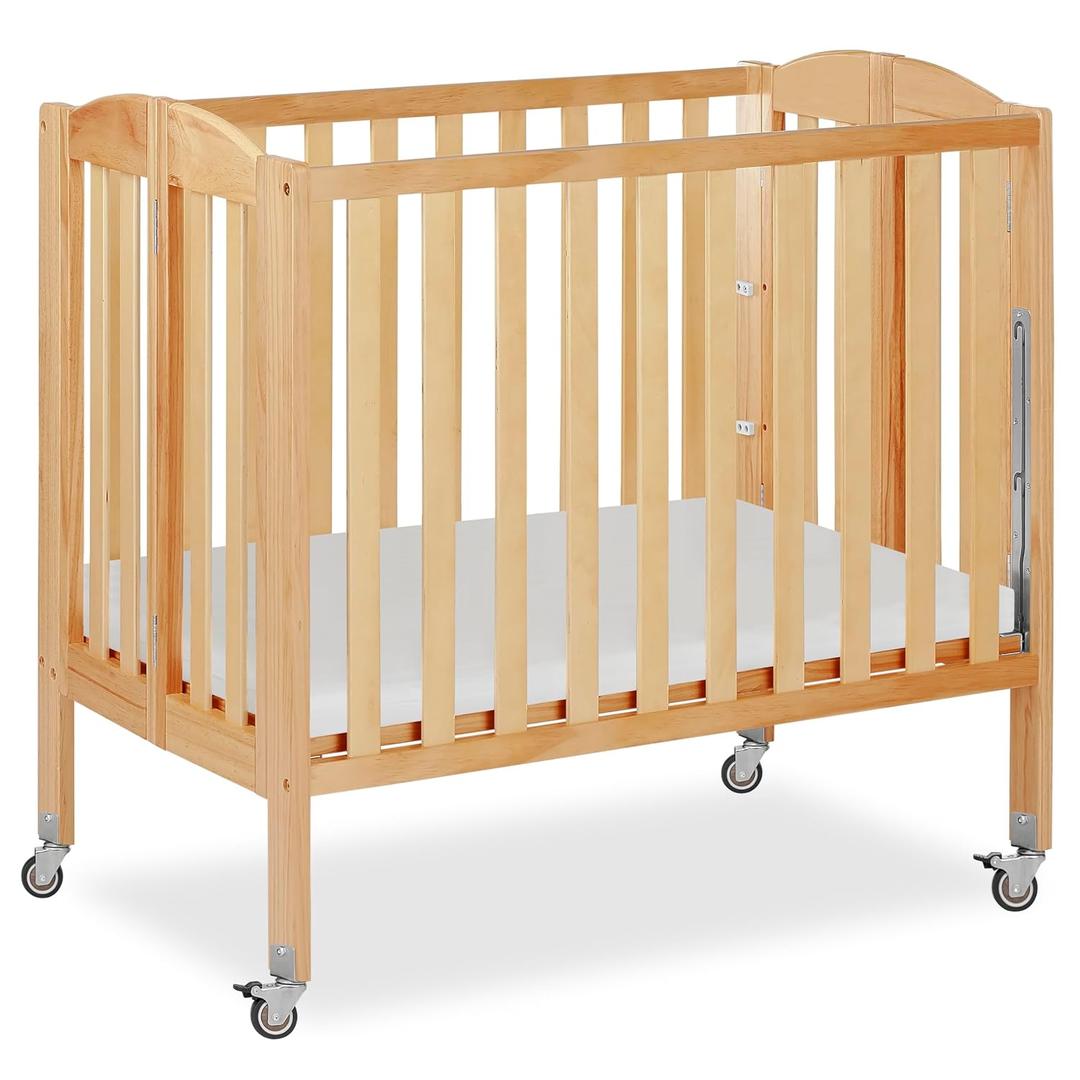 Dream On Me 3 in 1 Portable Folding Stationary Side Crib in Natural, Greenguard Gold Certified, Safety Wheel with Locking Casters, Convertible, 3 Mattress Heights