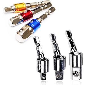 Impact Driver Socket Adapter Set 6 PCS- 1/4 3/8 1/2 Hex Shank 3PCS Swivel Impact Driver Bit Set Socket Holder+3 PCS Straight Drill Bit Adapter Attachments, Silver Drill Accessories-SCS6