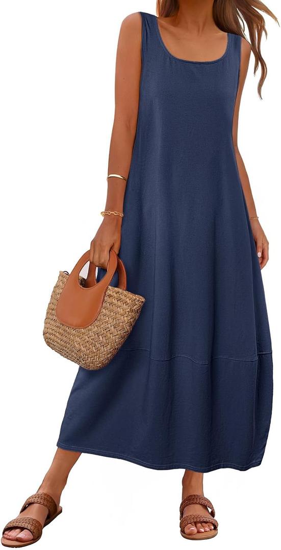 MEROKEETY Women's Casual Maxi Sundress 2025 Summer Beach Dress Scoop Neck Sleeveless Loose Tank Dress (Medium, Navy)