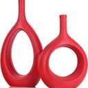 Red Ceramic Vase Set 2,Modern Hollow Circle with Hole Flower Vase for Home Decor,for Table Centerpieces,Farmhouse,Fire Place,Living Room,Bedroom,Office,Bookshelf,Rustic Decor