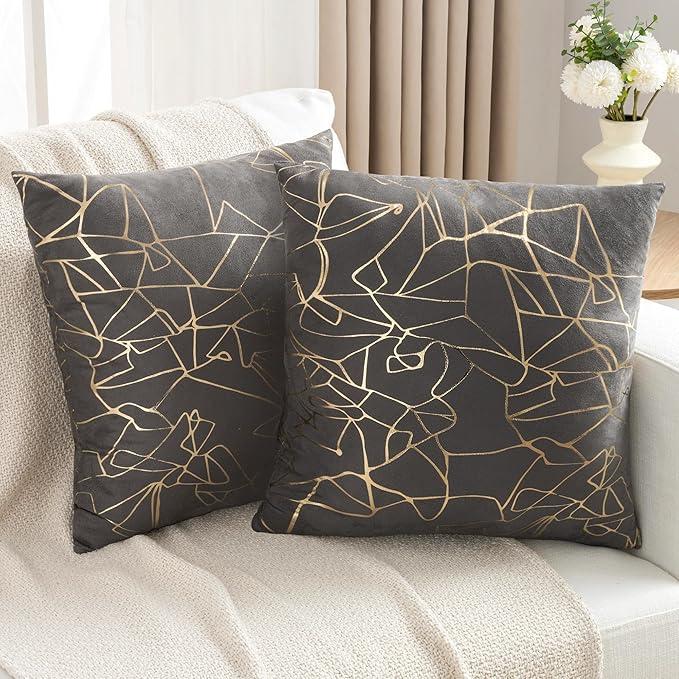 JELLYMONI Sparkling Decorative Pillow Covers Set of 2, 16 x 16 inch Glitter Decorative Cushion Covers for Couch, Sofa, Bed - Luxuriously and Sparkling Metallic Design (Gold Grey)