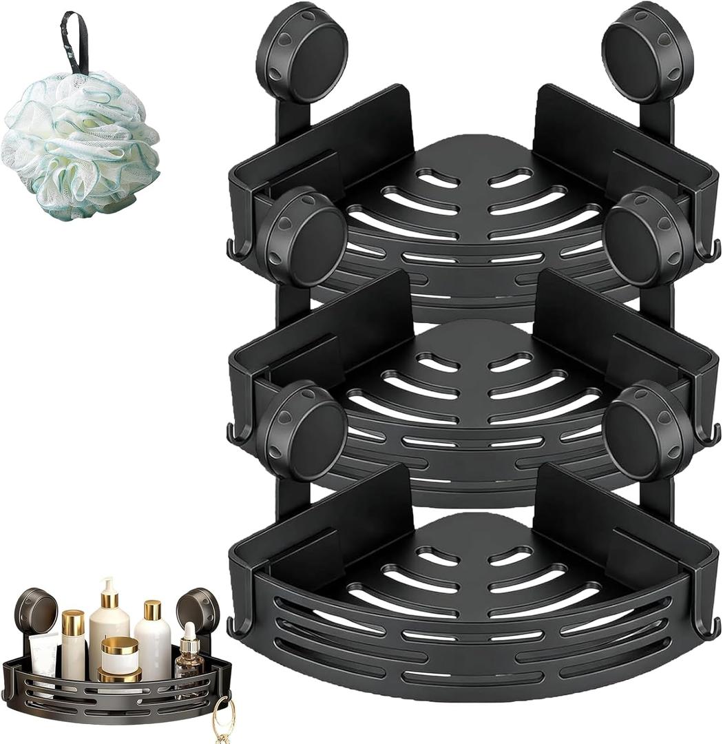 Triangle Suction Cup Shower Caddy, No-Drill Bathroom Suction Storage Box, ABS and Heightened Design, Corner Shower Caddy Suction Cup for Kitchen and Bathroom (3Pcs Abs Black)