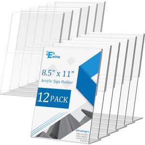 EHWINE 12 Pack Acrylic Sign Holder 8.5 x 11, L Shape Clear Plastic Display Stand, Slanted Back Picture Frame Menu Flyer Paper Display Stand up Table Top Sign Holders for Restaurant, Office and School
