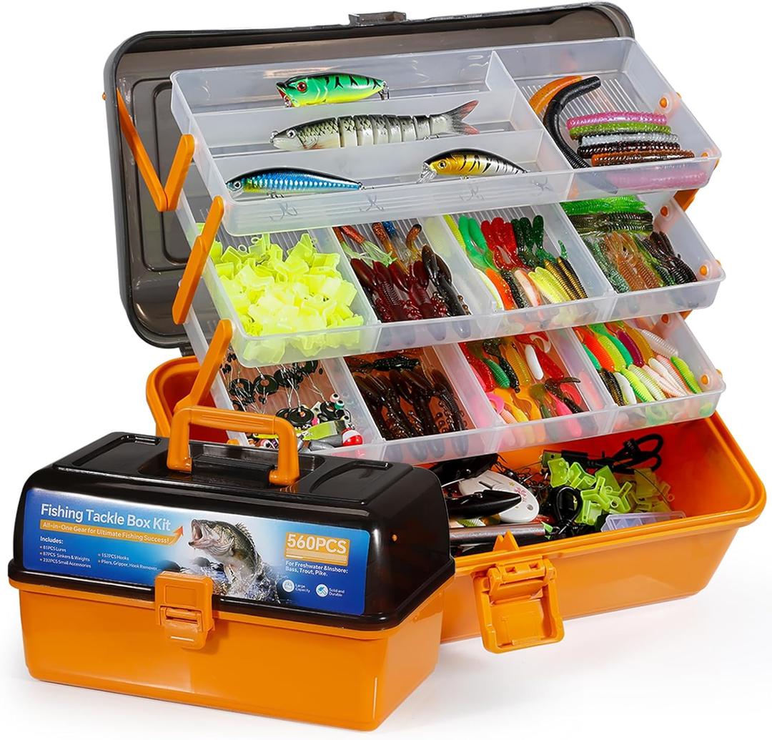 560PCS Fishing Lures Kit with Large 4-Layer Tackle Box, Complete Freshwater Bass Fishing Gear Set with Pliers, Hooks, Crankbait, Sinkers, Jigs, Weights & More Accessories, Gift for Men