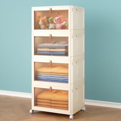 4 Tier Stackable Plastic Storage Bins with Lid and Wheels - 23 QT Closet Organizers and Storage, Foldable Storage Containers, Organization and Storage Boxes for Craft, Home, Pantry, Dorm,Yellow