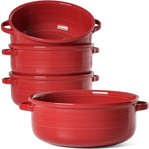 LE TAUCI Soup Bowls with Handles - 22 oz Lead-Free Ceramic French Onion Crocks, Oven and Microwave Safe, Heat-Resistant Design, Stackable, Dishwasher Safe, Set of 4, Red