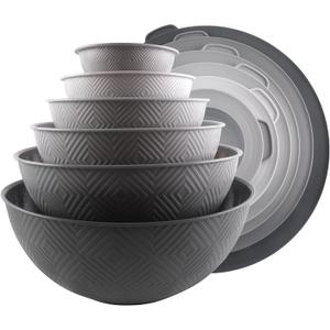 COOK WITH COLOR Mixing Bowls with Lids - 12 Piece Plastic Nesting Bowls Set includes 6 Prep Bowls and 6 Lids, Rhombus Design - Microwave Safe (Grey)