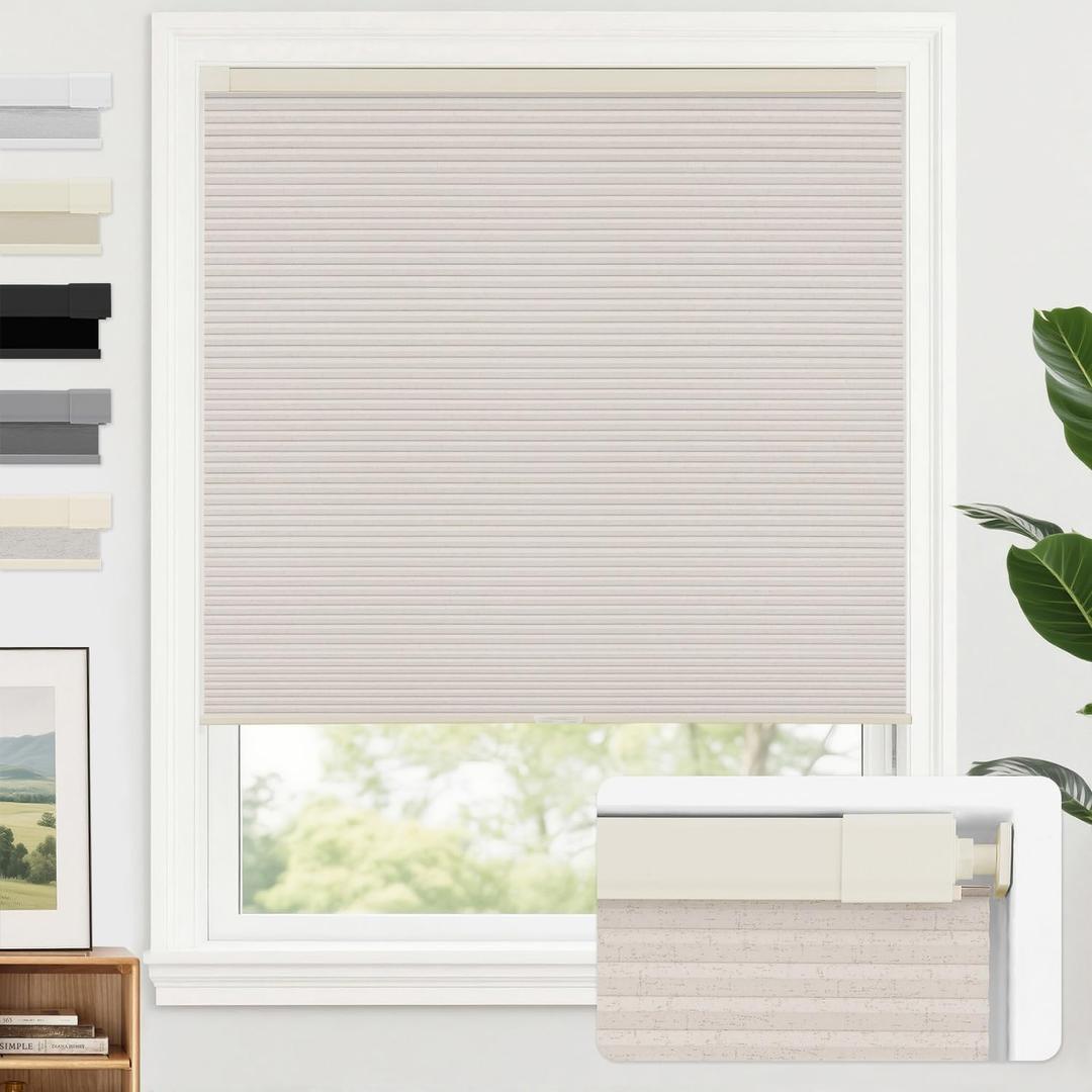 AOSKY 100% Blackout No Drill Cellular Shades Blinds for Indoor Windows, No Tools Thermal Insulated Black Out Cordless Honeycomb Blinds for Bedroom Living Room Window, 35" W x 64" H, Linen