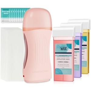 Roll On Wax Kit, Portable Wax Roller Kit for Coarse/Fine Hair Removal, Beginners Waxing Roller for All Skin Types with 3 Pcs 100g Roll Cartridge, 100 Non-Woven Strips & 10 After Oil Wipes (F8_Pink)