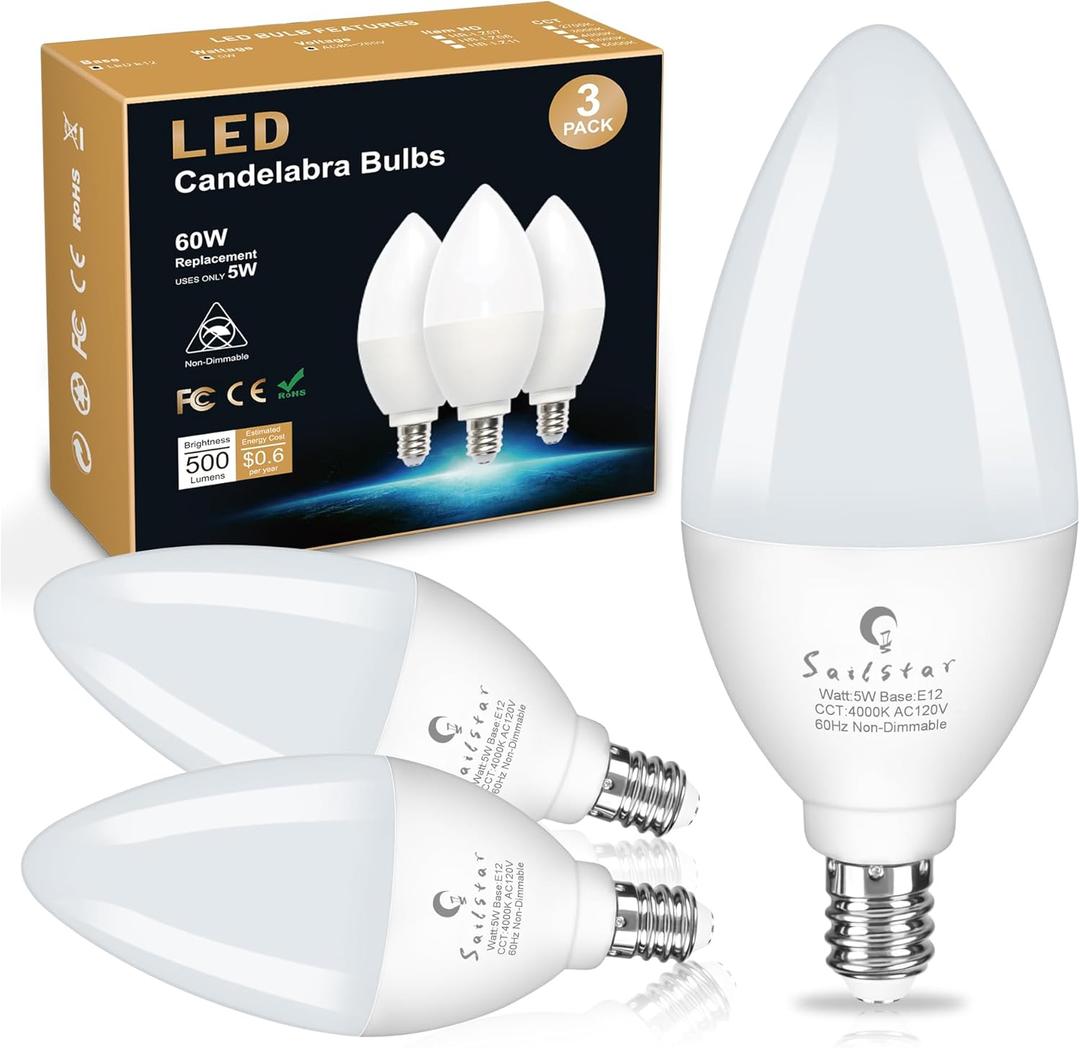 Sailstar Candelabra Light Bulbs 60 Watt Equivalent, 4000K Natural Daylight, 5W E12 Small Base Type B LED Bulbs, 500 Lumens, Chandelier Ceiling Fan Light Bulbs, CRI 85, Non-dimmable, Pack of 3 (3 Count (Pack of 1), 4000k Natural Daylight White)