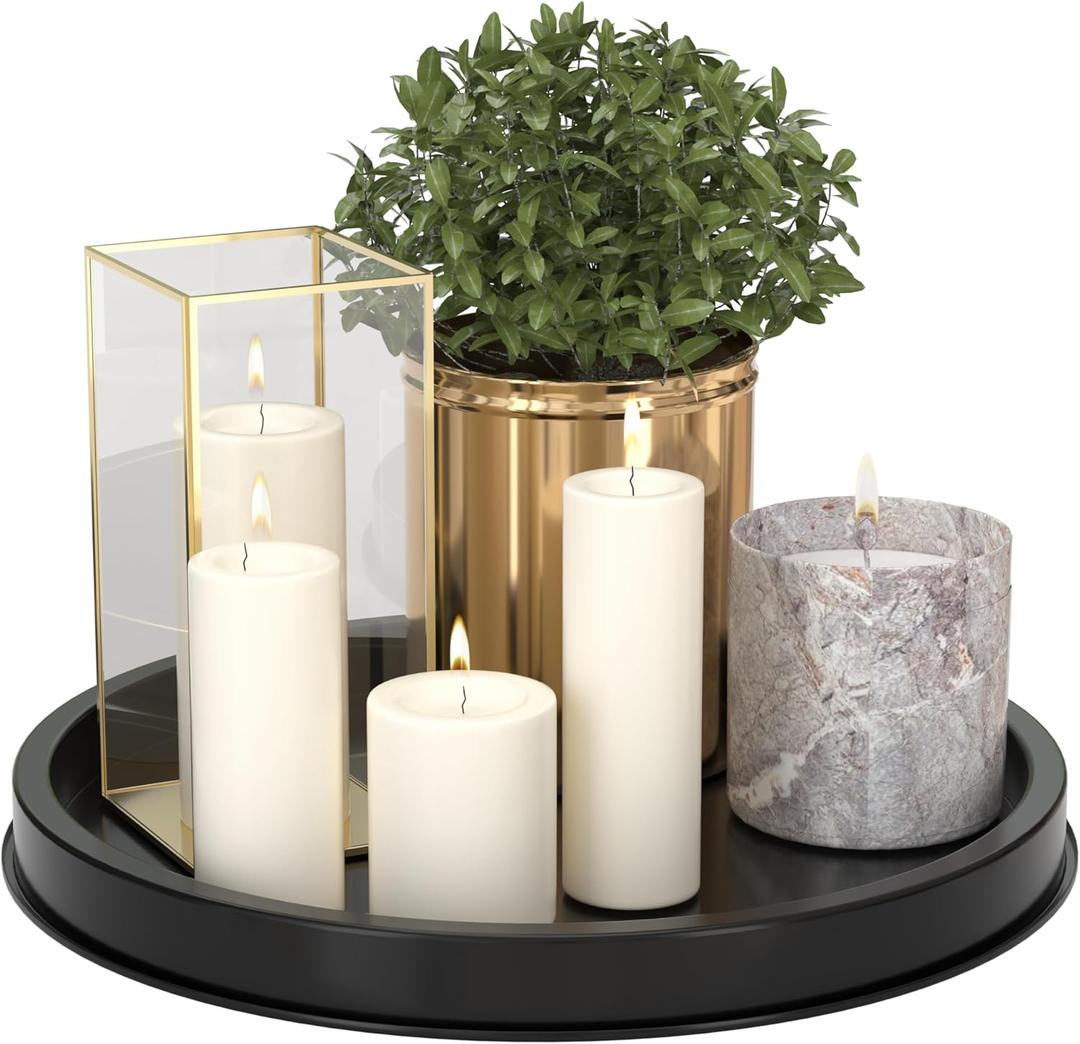 HGF Decorative Tray for Coffee Table, 12 Inch Lightweight Metal Round Serving Trays for Kitchen Counter Organizer Dining Table Centerpiece for Display Candle Vase, Black Round Tray for Bathroom Decor