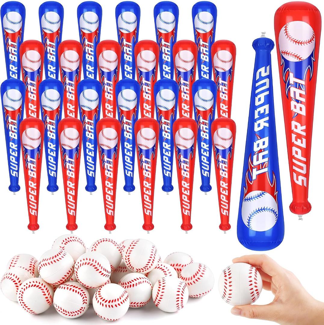 Fovths 24 Sets Inflatable Baseball Bats and Mini Foam Baseball Sports Stress Ball Sports Party Prizes for Birthday Party Supplies Sport Theme Toy, 22 inches , 2.5 inches