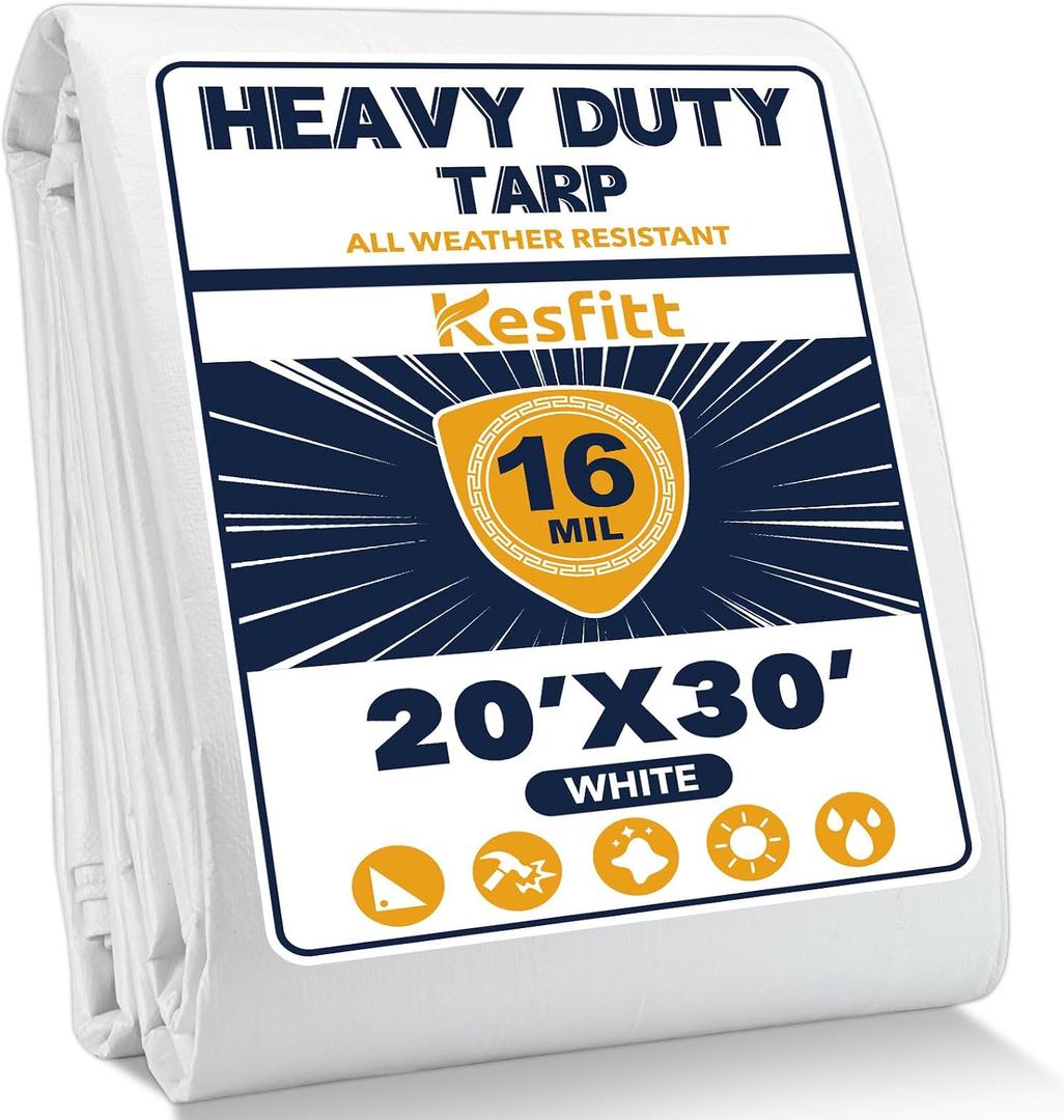 Kesfitt 16 Mil Heavy Duty Waterproof White Tarp, 20x30 ft, 100% Virgin Polyethylene, Reinforced Grommets, UV Resistant Outdoor Tarp for Storm Protection, Equipment Cover & Backyard Use