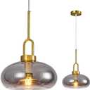 Light Smoke Gray Glass Pendant Light for Kitchen Island, Brass Gold Adjustable Height Hardwired E26 Hanging Fixture for Dining Room, Bedroom, Breakfast Nook, 1-Pack