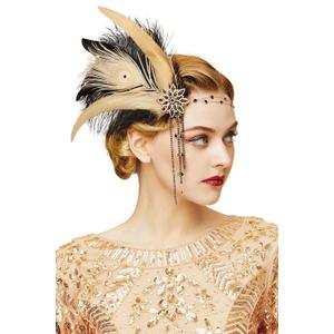BABEYOND 1920s Women Feather Crystal Headband 20s Flapper Gatsby Headpiece (Black Gold)