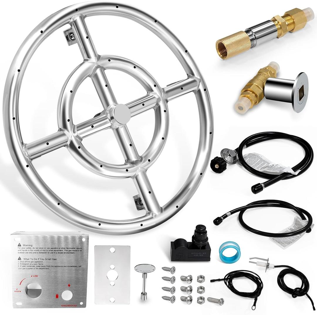 18 Inch Round Fire Pit Ring Burner for Natural Gas & Propane Fire Pit Replacement Parts, 304 Stainless Steel Firepit Round Burner Insert for Indoor & Outdoor, High Flame, BTU 147,000 Max.