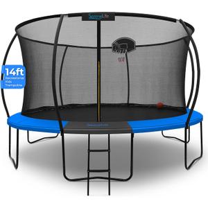 SereneLife 8FT 10FT 12FT 14FT Outdoor Trampoline for Kids - Recreational Backyard Trampoline with Curved Safety Poles, Net Enclosure, Ladder & Basketball Hoop - ASTM Approval for Kids Adults