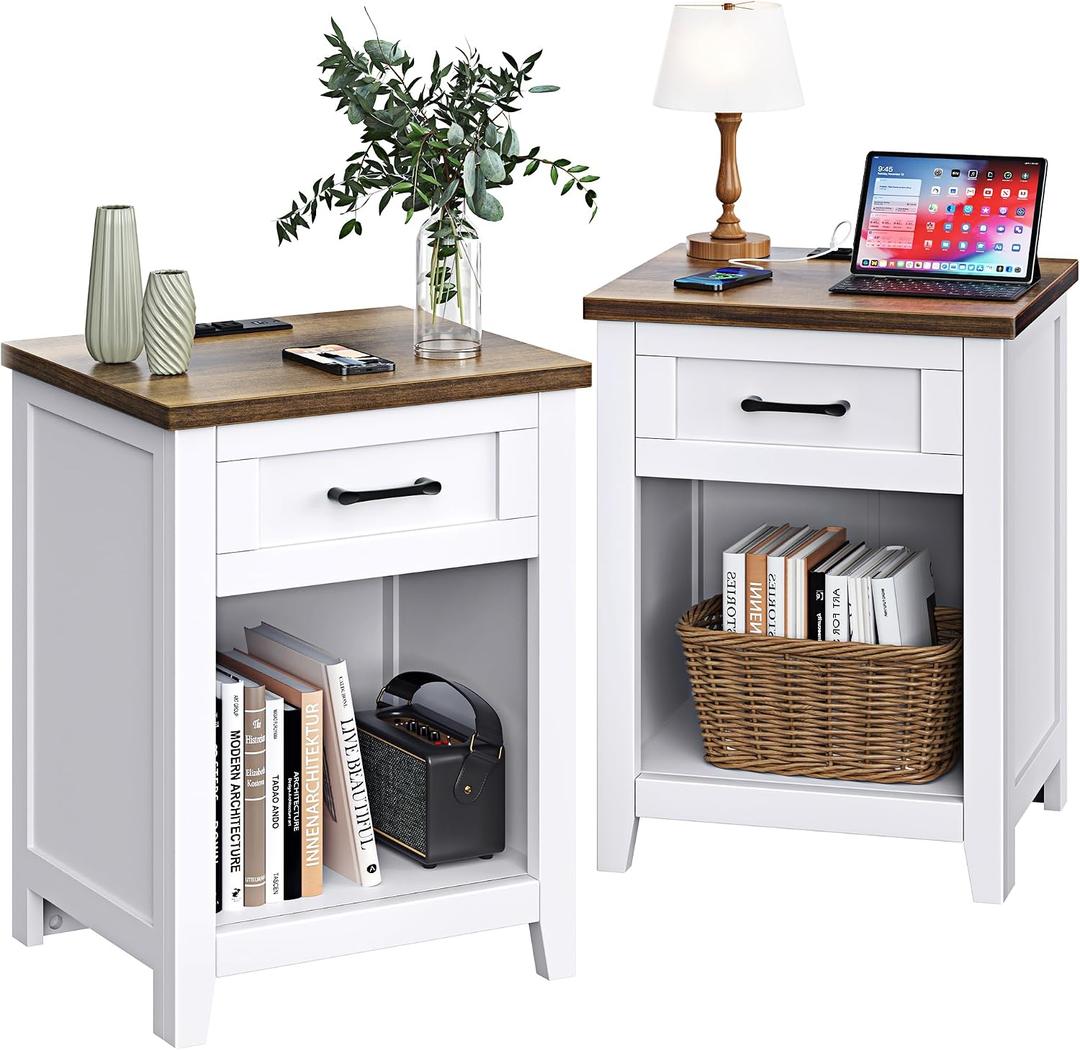 Decofy Farmhouse Nightstand with Charging Station & Large Storage, Set of 2 Modern End Tables with Outlets, USB Ports and Type-C Ports, Easy Assembly for Bedroom (Pure White + Walnut), 17.7 x 15.7 x 23.6 inches
