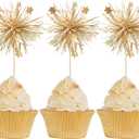 Gyufise 30Pcs Foil Firework Cupcake Toppers Happy Birthday Cake Toppers Sparkle Tinsel Flower Drink Stirrers Cocktail Food Fruit Toothpicks for Valentine's Day Party Supplies Gold