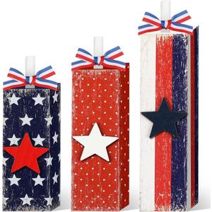 3 Pcs Patriotic Decorations 4th of July Table Decor Red White Blue Decorations Memorial Day Wood Block Sign and Centerpiece for Home Office Independence Day Tiered Tray Decor(Vintage Style)