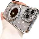 AuroiCCY for iPhone 16 Pro Case with Magnetic Ring Stand, [Compatible with MagSafe], Built in Make Up Mirror Shockproof Camera Lens Protector Bling Glitter Girls Woman Cover for iPhone 16 Pro, Silver