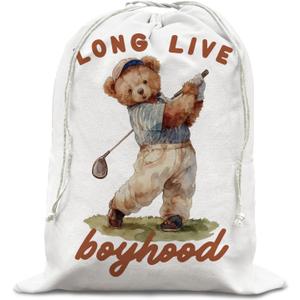 HESQFBH Bear Bithday Drawstring Gift Bags, Personalized Baby Shower Drawstring Gift Bags,Long Live Boyhood Happy Birthday Bag, Kids Boys Room Playroom Nursery Decor, 16x20 Inch