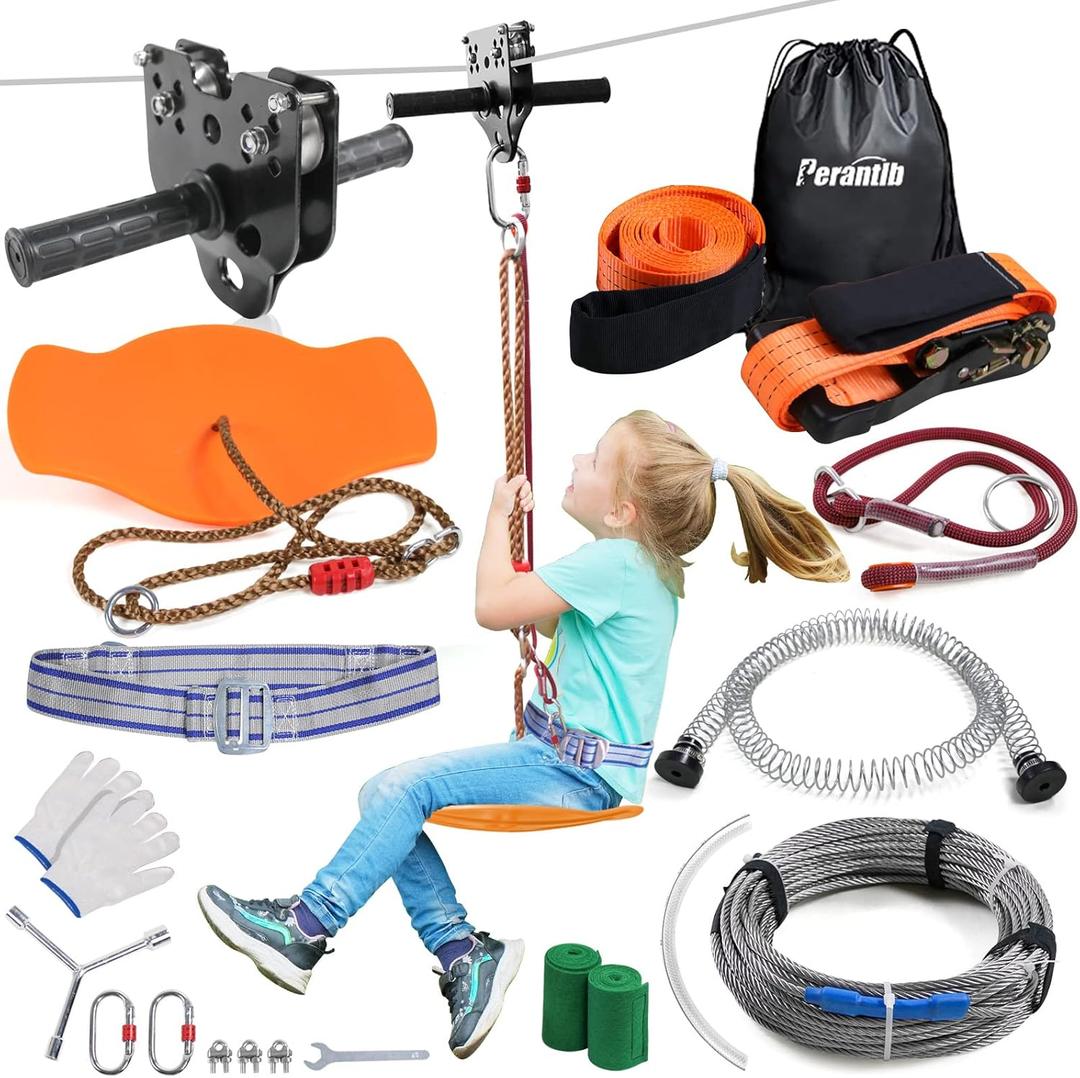 Zipline Kits for Backyard Kids, with 6ft Zipline Spring Brake and Belt, Zip line Trolley with Handle, seat and Bag (80ft)