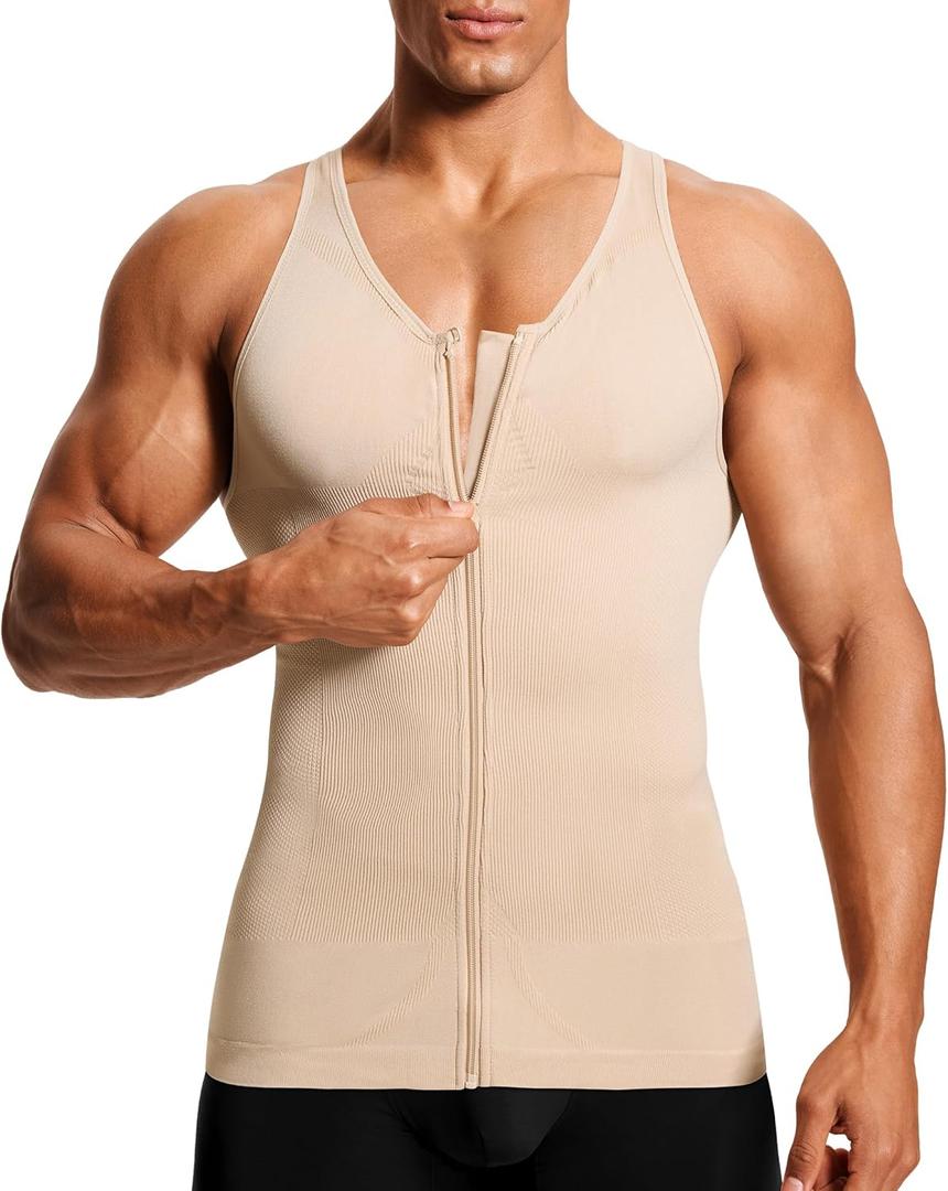 Compression Shirt Mens Shapewear Tank Top Undershirt Slimming Body Shaper Tummy Control Vest Gynecomastia with Zipper (Beige, S)