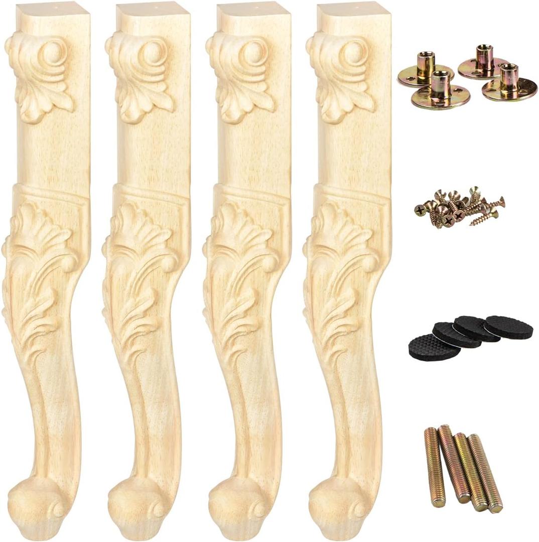 La Vane 18 inch / 45cm Wooden Furniture Legs, Set of 4 European Style Solid Wood Carving Unfinished Furniture Replacement Feet Decoration for Sofa Cabinet Wardrobe Table Loveseat