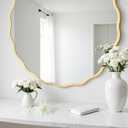 H HOMEWINS Gold Round Mirror for Wall 18 Inch Gold Circle Wavy Bathroom Farmhouse Vanity Wood Large Irregular Mirror for Bedroom,Entryway,Living Room