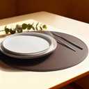 Round Vinyl Brown Placemats Set of 6, Faux Leather Waterproof Wipeable Heat Resistant Place Mats, Washable Table Mats for Halloween, Thanksgiving & Christmas Dinner(Dark Brown)