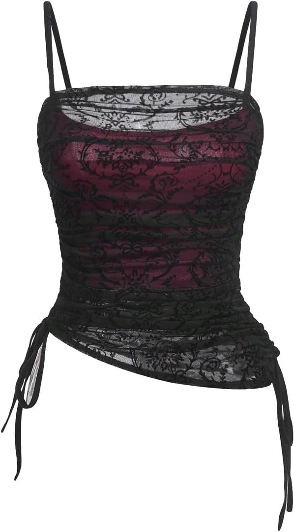 SOLY HUX Women's Ruched Lace Cami Top Drawstring Sleeveless Clubwear Sexy Gothic Tops (Black, XL)