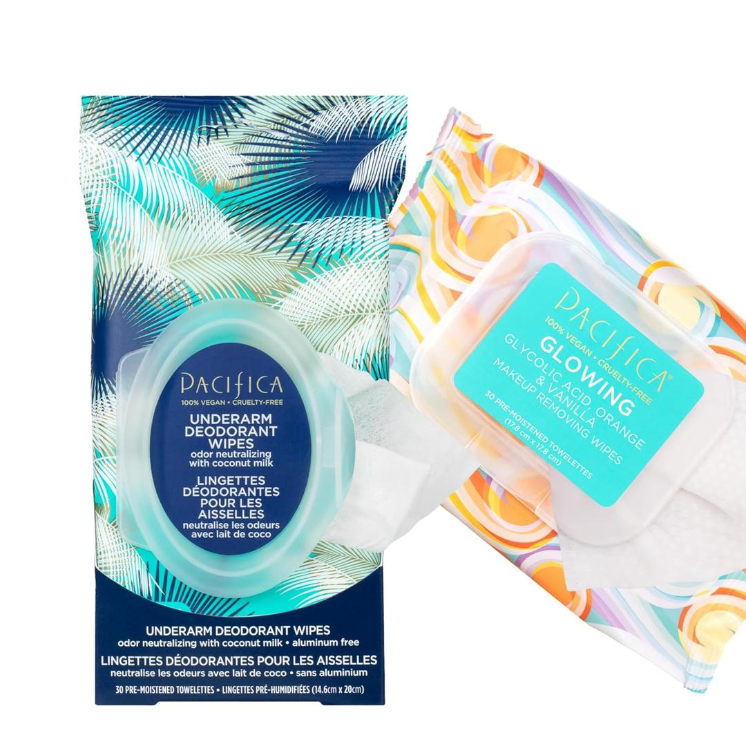 Pacifica Underarm Deodorant Wipes & Makeup Remover Face Wipes Bundle  Aluminum-Free Odor Control & Facial Cleansing Towelettes, 2-Pack (30ct Each, 60 Total)  Vegan, Cruelty-Free Travel Essentials