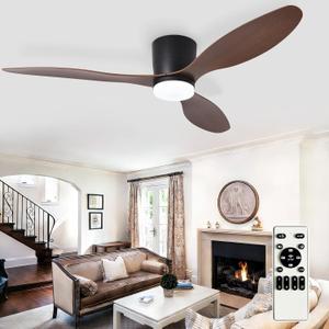 Depuley Flush Mount Ceiling Fan: 52-Inch Black Ceiling Fans with Lights for Bedroom Indoor Outdoor - Low Profile Ceiling Fans with Remote Control 24W 3CCT Dimmable 3 Reversible Walnut Blades 6 Speeds