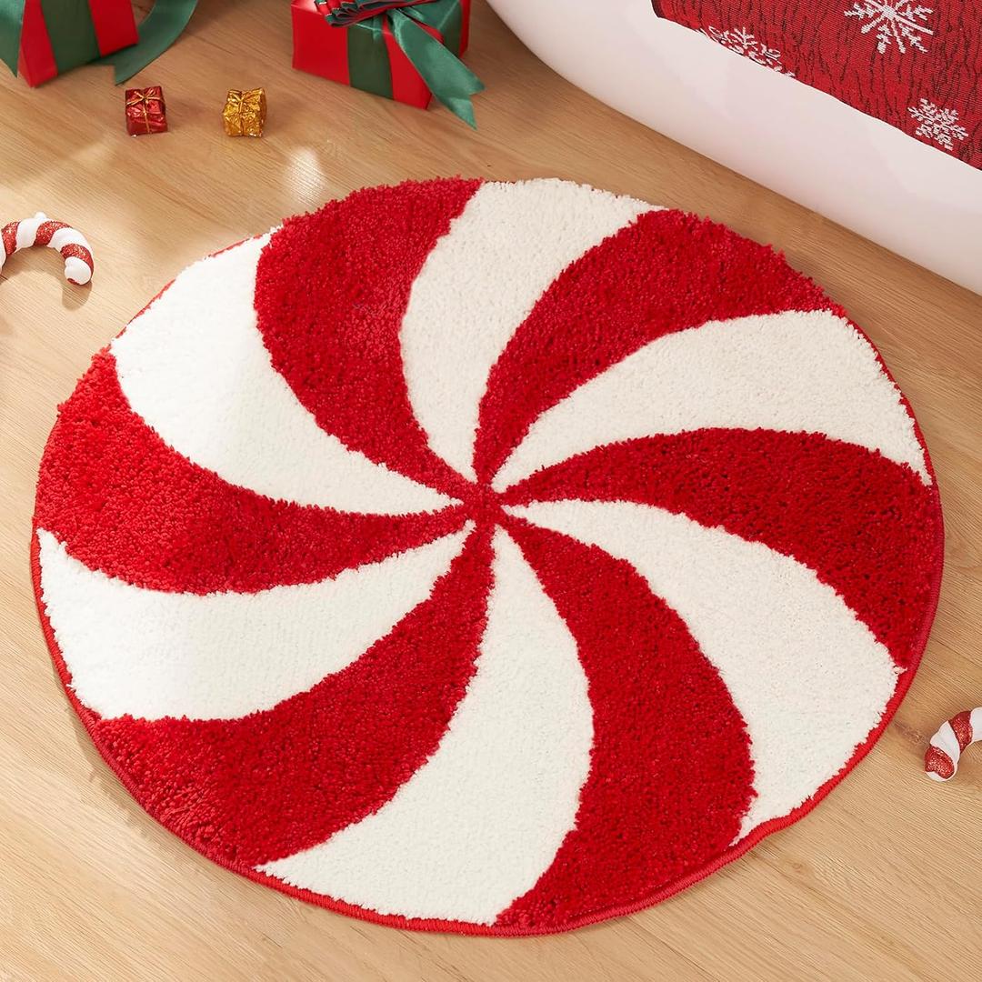 ELDONE Christmas Candy Swirl Bathroom Rugs, 3D Festive Red Round Rug, Cute Christmas Rug Non-Slip for Winter Holiday Decorations, Funny Circle Christmas Bath Mat for Bedroom Kitchen, 24" x 24"