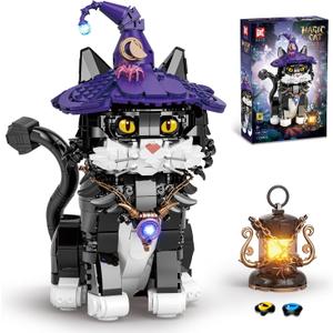 Harry Magic Tuxedo Cat Building Blocks Set, Compatible with Lego Cute Cat with Wizard Hat & Glowing Lantern, Collectible Display Decor Model Kit, Gift for Adult Cat Lovers & Kids Ages 8+(1128PCS)