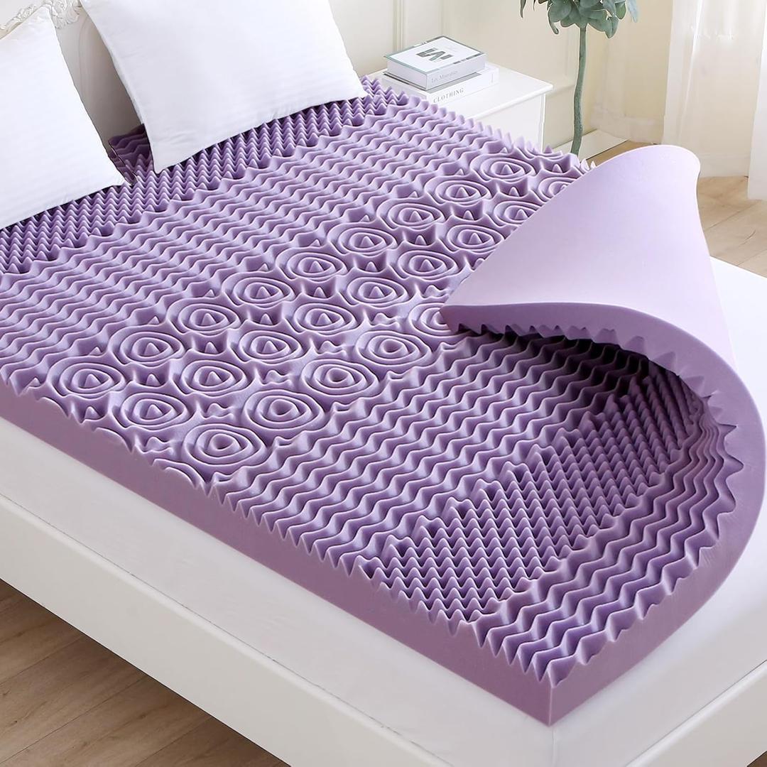 MUXHOMO 3 Inch 7-Zone Queen Mattress Topper, Egg Crate Foam Mattress Topper Queen Size for Back Pain, Lavender Cooling Gel Infused Bed Pad, CertiPUR-US and Oeko-TEX Certification (60"80")