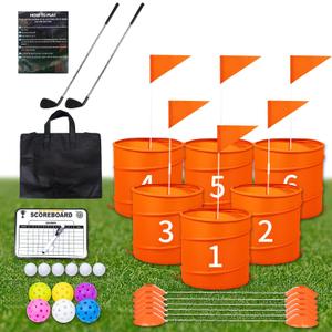 Orange 6 PCS Backyard Golf Game,Set with:6 Pop-Up Holes + 6 Flags + 12 Tee Boxes + 6 Game Balls + 1 Carrying Bag + 6 Connecting Ropes + 1 Scoreboard + 2 Clubs + 6 Golf Balls + 1 Manual,Outdoor