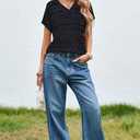 Cakulo Summer Crochet Tops for Women 2025 Short Sleeve V Neck Hollow Out Knit Beach Cover Up Casual Sweater Top (Medium, Black)