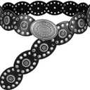 WHIPPY Women Disc Concho Leather Belt Western Cowgirl Wide Belt Vintage Boho Country Oval Waist Belt for Music Festival Dress (Black), Size: Fit Waist Size Up to 33"