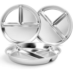 Stainless Steel Kids Plates 3 Packs, Deepened 9" Portion Control Plate Divided Plate for Toddlers Bigger Appetite, Non Toxic Unbreakable Metal Lunch Dishes
