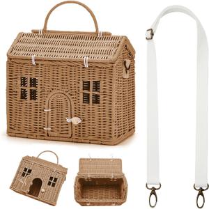 Wettarn Handmade Rattan Doll House Rattan House Shape Shoulder Bag Wicker Basket with Lid for Doll Toys Storage Basket Small Dollhouses Cute Woven Handcrafted Artwork Gift(Khaki)