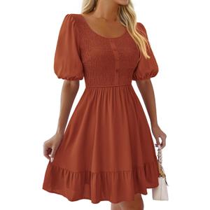 BTFBM Spring Empire Waist Dress for Women 2025 Summer Smocked Crewneck Puff Short Sleeve Beach Vacation Mini Dresses (X-Large, Brick Red)