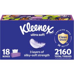 Kleenex Ultra Soft Facial Tissues, 18 Flat Boxes, 120 Tissues per Box, 3-Ply (2,160 Total), Packaging May Vary (White)