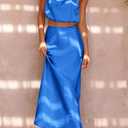 PRETTYGARDEN Women's 2 Piece Satin Outfits Summer Sleeveless Mock Neck Crop Tops and Long Skirt Dress Sets (S)