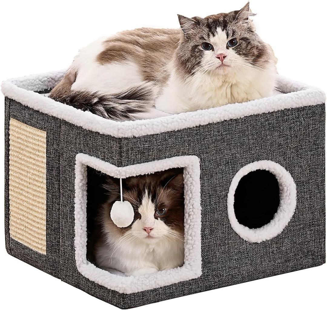 Cat Beds for Indoor Cats, Large Cat Cave with Fluffy Ball and Scratch Pad, Foldable Cat Scratch House with Hideaway Condo for Kitten,16x16x13inch,Grey (Single A)