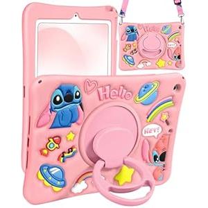 JoySolar for iPad 7th/8th/9th Case - Soft Silicone Cute Cartoon Tablet Cover with Rotating Stand & Detachable Shoulder Strap, Shockproof Tablet Case for Kids Girls, Pink