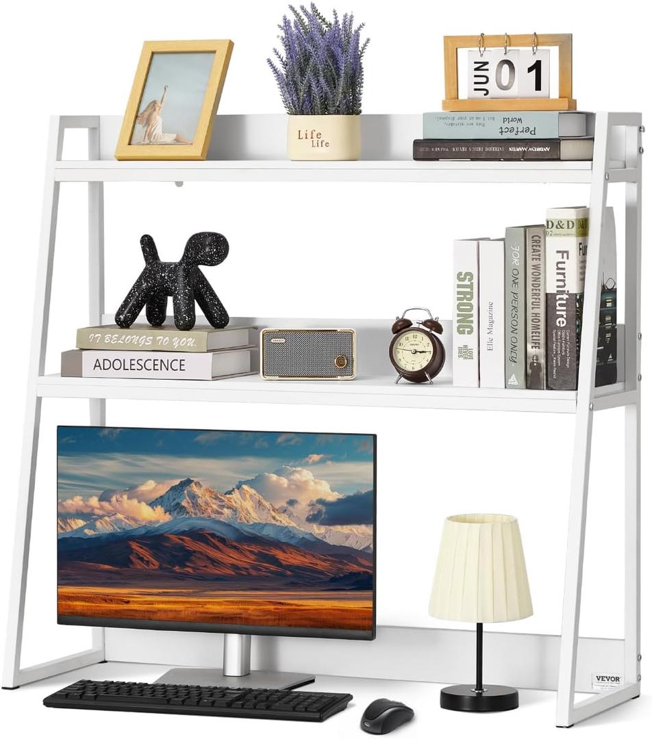 VEVOR Desktop Bookshelf, 2-Tier Desktop Storage Organizer, 37.4" x 12.6" x 35.4" Office Desk Storage Rack Display Shelf, Desktop Bookshelf Hutch with Anti-Slip Feet Pads for Office, Home & Dorm, White, 2 Shelves