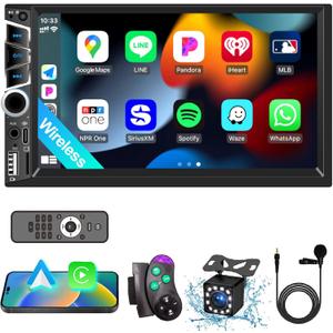 7" Double Din Car Stereo with Wireless Apple CarPlay,Car Radio Build-in Bluetooth 5.2,IPS Touchscreen 1024x600,FM Radio,Backup Camera,Dual USB,Type-C Fast Charging,GPS Navigation,Subwoofer,Car Play