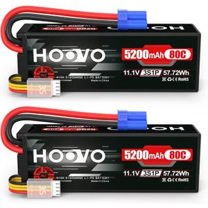 HOOVO 3S 11.1V 80C 5200mAh RC Lipo Battery Hard Case with EC5 Connector for RC Car Boat Truck Heli Airplane UAV Drone FPV Racing (2 Packs)